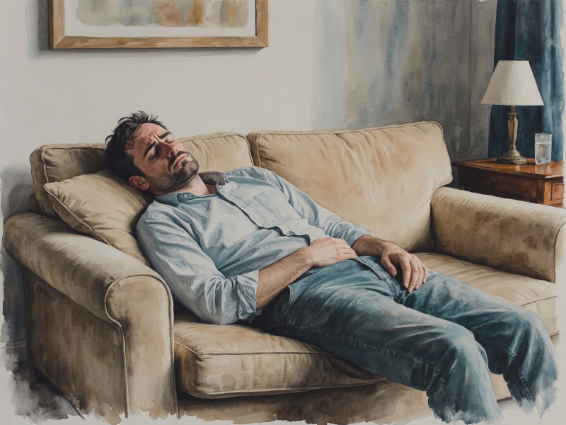 уставший мужчина отдыхает на диване